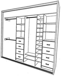 a drawing of a closet with drawers and shelves