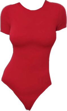 Stretch Short Sleeve Solid Color Bodysuit, Red High Stretch Elastane Top, Fitted Solid Color Crew Neck Bodysuit, Fitted Solid Color Bodysuit With Crew Neck, Casual Solid High Stretch Leotard, Seamless Red Bodysuit For Summer, Red Seamless Bodysuit For Summer, Fitted Plain Bodysuit For Summer, Fitted Red Seamless Bodysuit