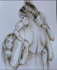 a drawing of three women holding two children