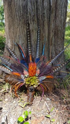 a colorful headdress is placed next to a tree