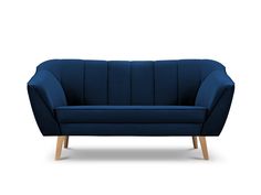 a blue couch with wooden legs on a white background