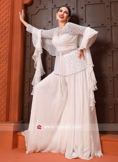 Cream Palazzo Suit with Peplum Choli & Ruffled Dupatta... Suit Dress Wedding, Ruffle Dupatta, Party Wear Dress, Salwar Dress