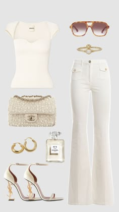 a woman's outfit with white pants and heels