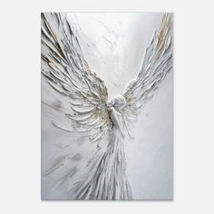 an abstract painting with white and gold wings