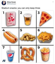 an image of different foods and drinks on a grid pattern with the numbers 1, 2, 3, 4, 5, 6