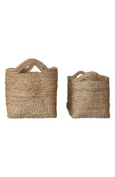 two woven baskets sitting next to each other