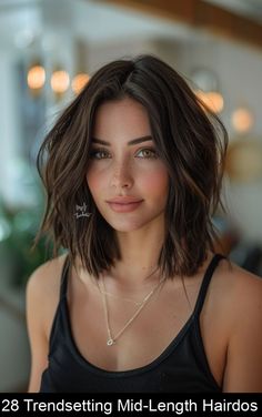 Brown Hairstyle Ideas: Elevate Your Look with Stunning Shades #mediumlength Mid Length Thick Brown Hair, Brunette Lob With Curtain Bangs, Brunette Medium Haircut, Medium Length Hair With Layers Middle Part, Dark Hair Medium Length, Layered Shoulder Length Haircut, Medium Short Length Haircut, Medium Length With Curtain Bangs, Dark Mid Length Hair