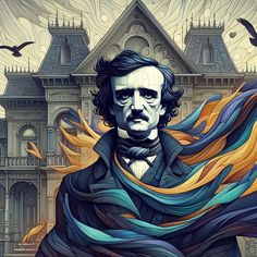 a painting of abraham lincoln in front of a building with birds flying around it and an illustration of abraham lincoln