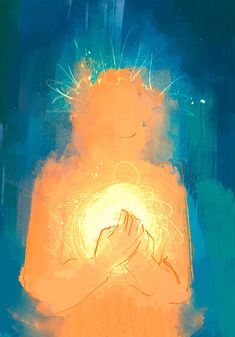 a painting of a person with their hands in front of an orange light that is shining