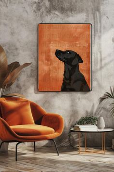 a black dog is sitting in an orange chair next to a table and potted plant