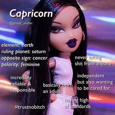 a doll with long black hair and purple lipstick on it's face is featured in the caption, capricorn