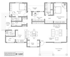 the floor plan for a two bedroom apartment with an attached kitchen, living room and dining area