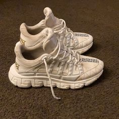 Versace Trigreca Sz 44 Fair Condition Needs Cleaning Probably Wore 4 Or 5 Times. Versace Shoes, White Silver, Versace, Athletic Shoes, Tennis, Men's Shoes, Baskets, Size 10, Man Shop