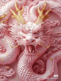 a pink dragon statue with gold accents on it's head and mouth, in front of