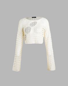 Model (WearingXS):• Height: 171cm | Bust: 83cm | Waist: 59cm | Hips: 89cmDetails: Long-sleeve crochet top with see-through design andround cut-outsTop Length: CroppedSleeve Length: Long SleevesMaterials:100% Acrylic Cropped Textured Knit Crochet Top, Spring Cropped Crochet Top With Textured Knit, Pointelle Knit Lace Top With Long Sleeves, Spring Textured Knit Long Sleeve Crop Top, Hollow Out Knit Sweater For Spring, Spring Knit Hollow Out Sweater, Spring Hollow Out Knit Sweater, Chic White Long Sleeve Crochet Top, Spring Long Sleeve Hollow Out Sweater