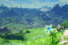 a painting of a green valley with blue flowers in the foreground and mountains in the background