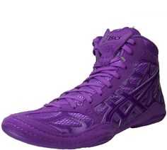 a purple shoe with the word asics on it