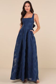 Perfected Aura Navy Jacquard Tie-Back Maxi Dress with Pockets Formal Floor-length Brocade Dress, Floor-length Jacquard Party Dress, Jacquard Floor-length Party Dress, Chic Brocade Evening Dress, Chic Evening Brocade Dress, Gala Jacquard Dress With Fitted Bodice, Chic Jacquard Dresses For Weddings, Elegant Blue Brocade Dress, Spring Formal Brocade Dress