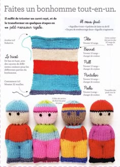 an advertisement with three knitted dolls in different colors and sizes, including one wearing a sweater