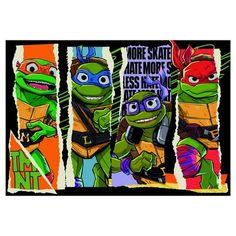 Bring home the nostalgia of everyones favorite ninjas in a half shell (Turtle Power!). These masked turtles can be found training with Splinter, hanging with April ONeil, or grubbing on a slice of their favorite New York cheese pizza! Leonardo, Donatello, Michaelangelo, and Rapheal are ready for fun or action with this comic book inspired rug. Made from machine woven Polypropylene, this easy-care rug is perfect for any room in the house for all Teenage Mutant Ninja Turtle Fans. Backed with a non-slip backing, theres no need for a rug pad, just lay down and enjoy! Size: 4'6"x6'6".  Color: Multicolor.  Pattern: printed. Shell Turtle, Cozy Dog Bed, Cozy Dog, Teenage Mutant Ninja Turtle, 4x6 Area Rugs, Pet Gate, Dog Furniture, Ninja Turtle, Bedroom Furniture For Sale