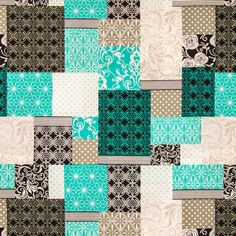 a patchwork quilt with different colors and patterns