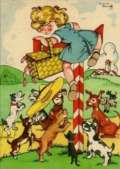 an old children's book cover with dogs and a girl on top of a pole