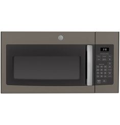 a gray microwave oven with the door open