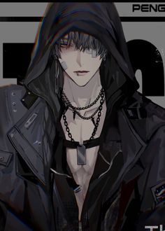 an anime character with black hair wearing a hoodie and chain around his neck is looking at the camera