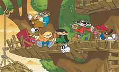 cartoon characters on a wooden bridge in the woods