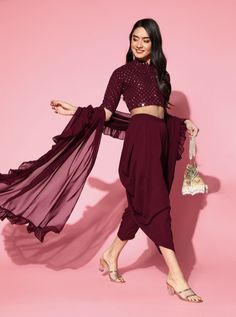 Crop Top With Dhoti Pants And Dupatta Set vitansethnics Dhoti And Crop Top, Crop Top With Dhoti, Indian Crop Tops, Ruffle Dupatta, Lehenga Anarkali, Dhoti Saree, Anarkali Lehenga, Indian Wedding Outfit, Lehenga Designs Simple