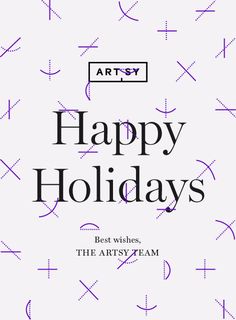 the arty team happy holidays card with purple letters and arrows in black on a white background