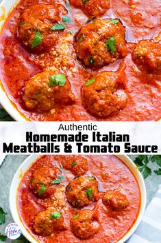 two pictures of meatballs and tomato sauce