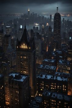 an aerial view of new york city at night with the empire building in the foreground