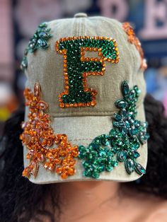 Custom Beaded Orange and Green Crystal Appliqué FAMU Rattler Hat Beaded Orange, Custom Trucker Hats, Custom Bling, Diy Hat, Hat Ideas, Fancy Hats, Orange And Green