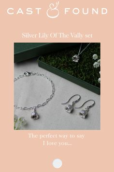 Inspired by a favourite delicate bloom which represents happiness and brings luck in both life and love. The detailing of the Lily of the Valley flower has been captured beautifully in these 925 Sterling Silver pieces. This set consists of earrings, pendant, and bracelet, all come beautifully presented in our bespoke packaging. ‘Lily of the Valley’ flower collection by UK based independent jewellery brand Cast & Found. Pieces start from £50 and are available to purchase online. Bespoke Packaging, Flower Keepsake, Lily Of The Valley Flowers, Flower Collection, Heirlooms Jewelry, Jewellery Brand, Love And Happiness, Earrings Pendant