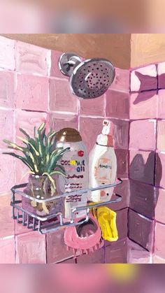 a potted plant sitting on top of a shelf next to a shower faucet