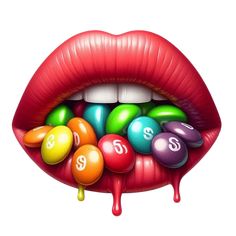 a woman's lips with candy and balls in the mouth, as if it were an advertisement for cosmetics