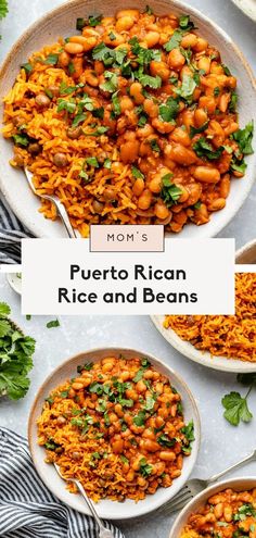 three bowls filled with rice and beans on top of a white table next to spoons