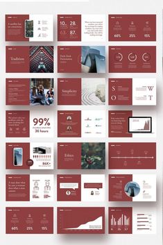 a bunch of red and white powerpoint presentation templates with different images on them