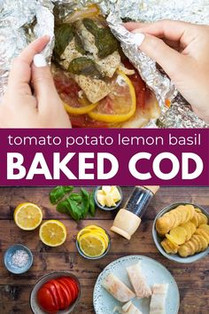 this is an image of baked food with lemons, tomatoes and other foods in foil