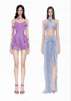 two models in different dresses, one is purple and the other is light blue with high slits