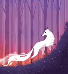 an illustration of a white fox in the woods