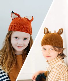 two children wearing knitted animal hats