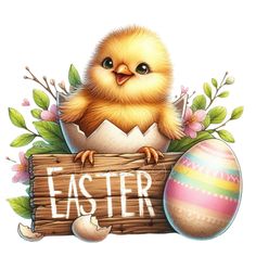 a chicken sitting in an egg shell with the word easter on it's side