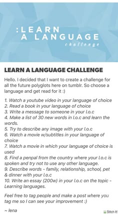 the learn language challenge is shown with instructions for how to use it and what to do