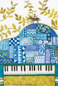 a painting of a blue piano with trees and leaves in the background, painted by watercolor on paper