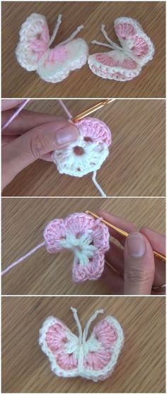 crochet butterflies are being worked on with yarn