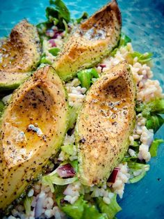 the recipe for roasted avocado over couscous is shown in blue and white