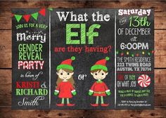 christmas party flyer with two elfs on the front and one girl in red dress