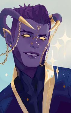 an illustration of a man with purple hair and gold chains on his head, wearing a blue suit